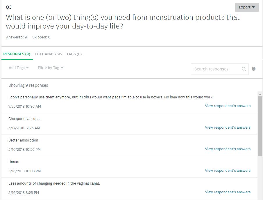 Q3 What is one (or two) things you need from menstruation products that would improve your day-to-day life? (part 1) This question includes answers like 'better absorption, less amount of changing needed, unsure, pads for boxers.'