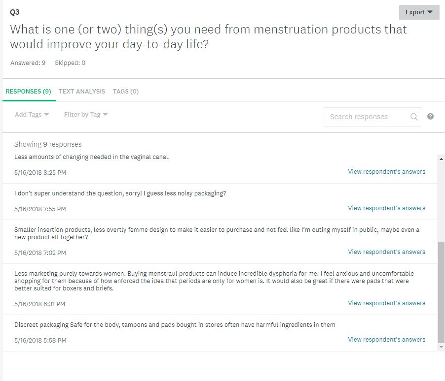 Same question as the previous image, the remaining answers include 'Smaller insertion products, less marketing purely towards women, safe for body organic tamponsa and pads, less noisy packaging.'