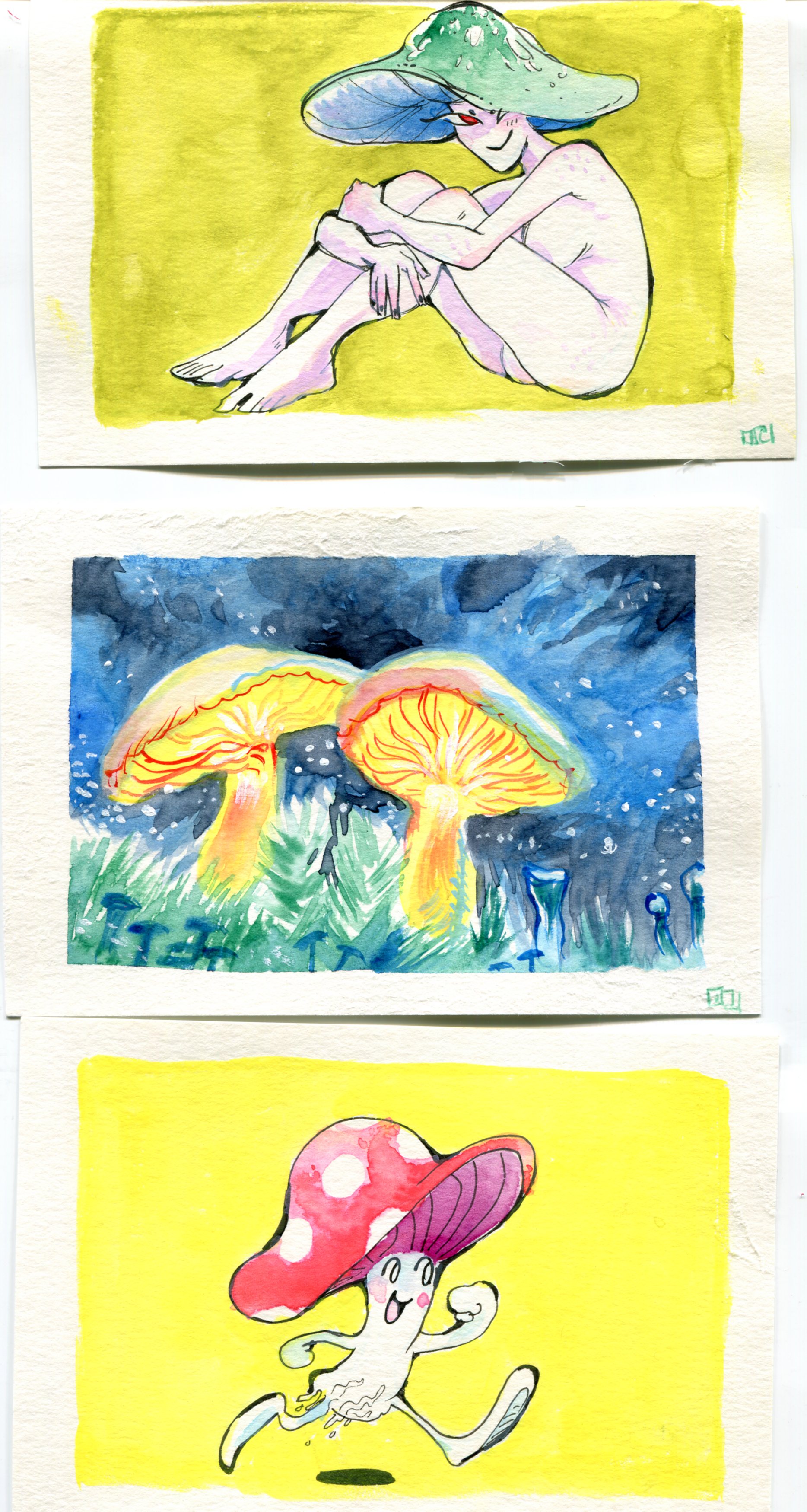 Mushroom people and mushroom illustrations on paper, watercolor